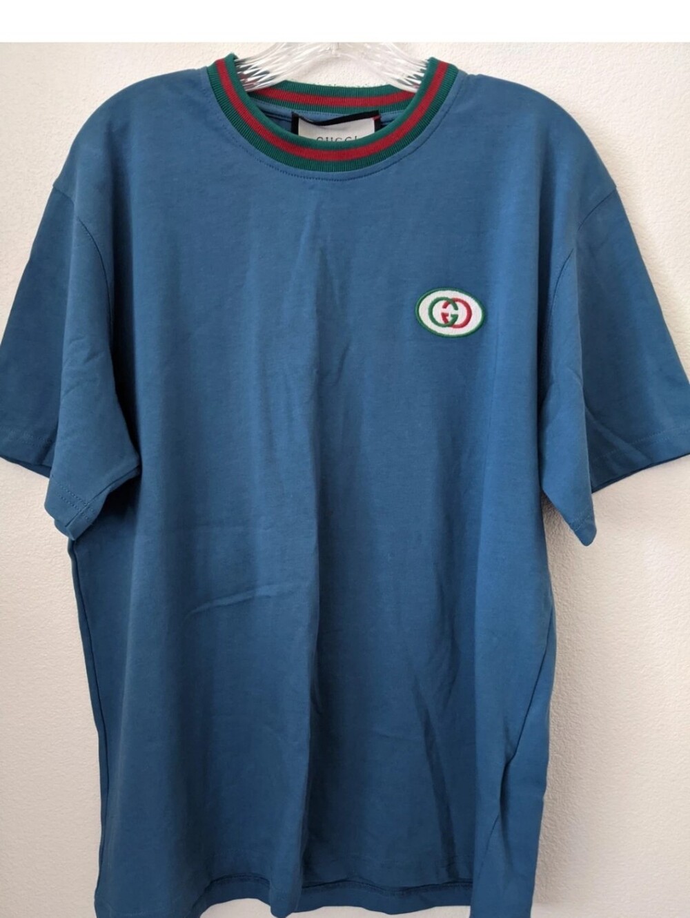 Gucci Teal Short-Sleeve Logo Tee with Green-Red Trim Size L
